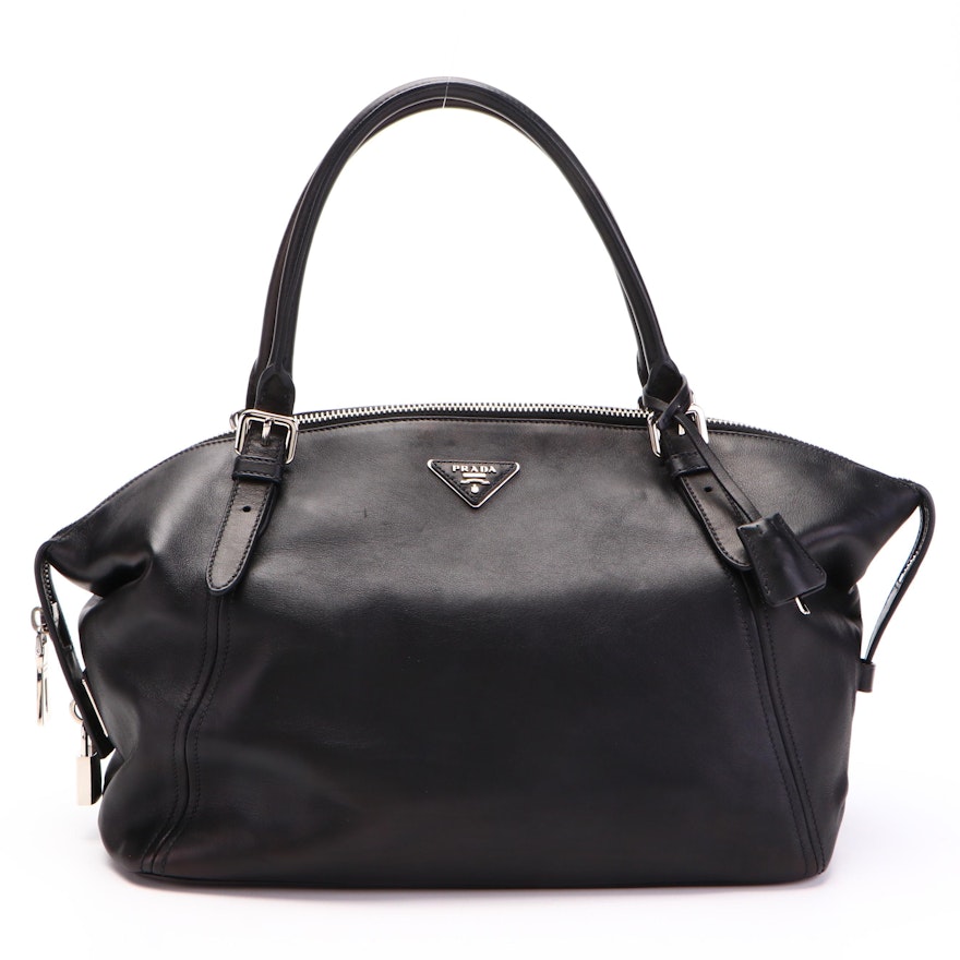 Prada Large Zippered Tote Bag in Black Calfskin Leather