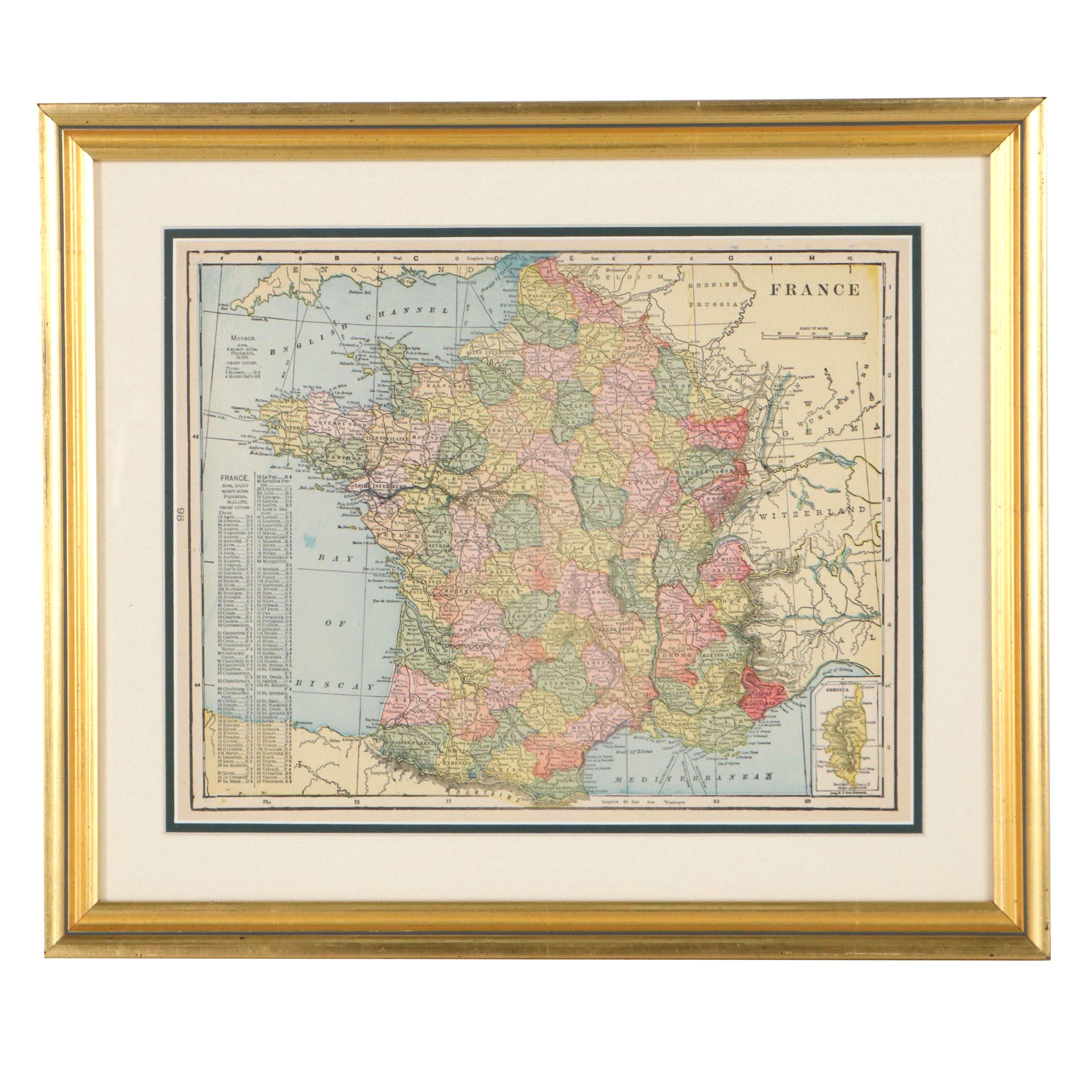 Engraved Map of France, Late 19th Century