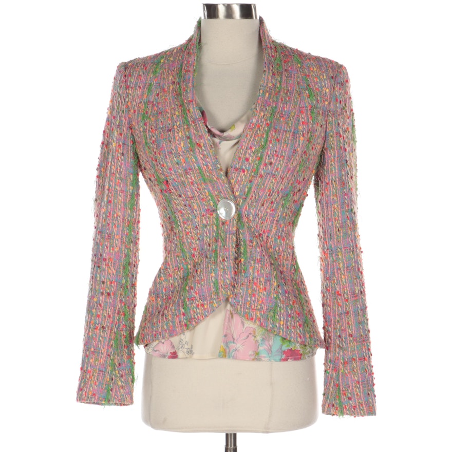 Yigal Azrouël Single-Breasted Multicolor Bouclé Tweed Jacket and Blouse
