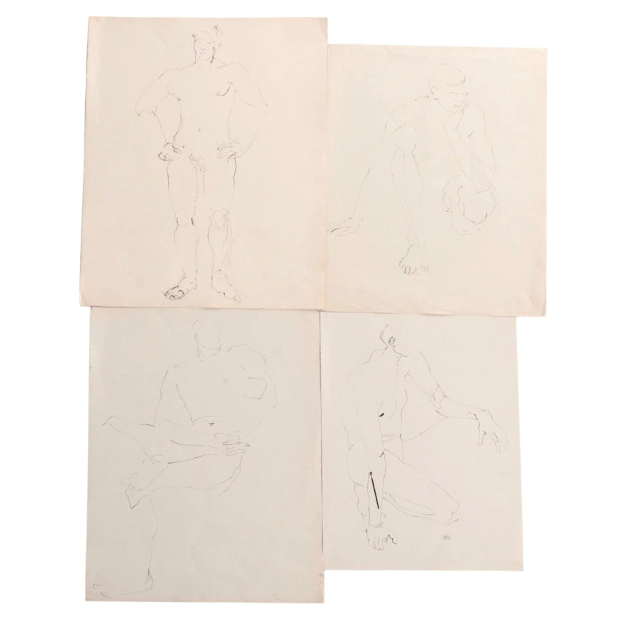 John Tuska Figural Nude Ink Drawings, Mid to Late 20th Century