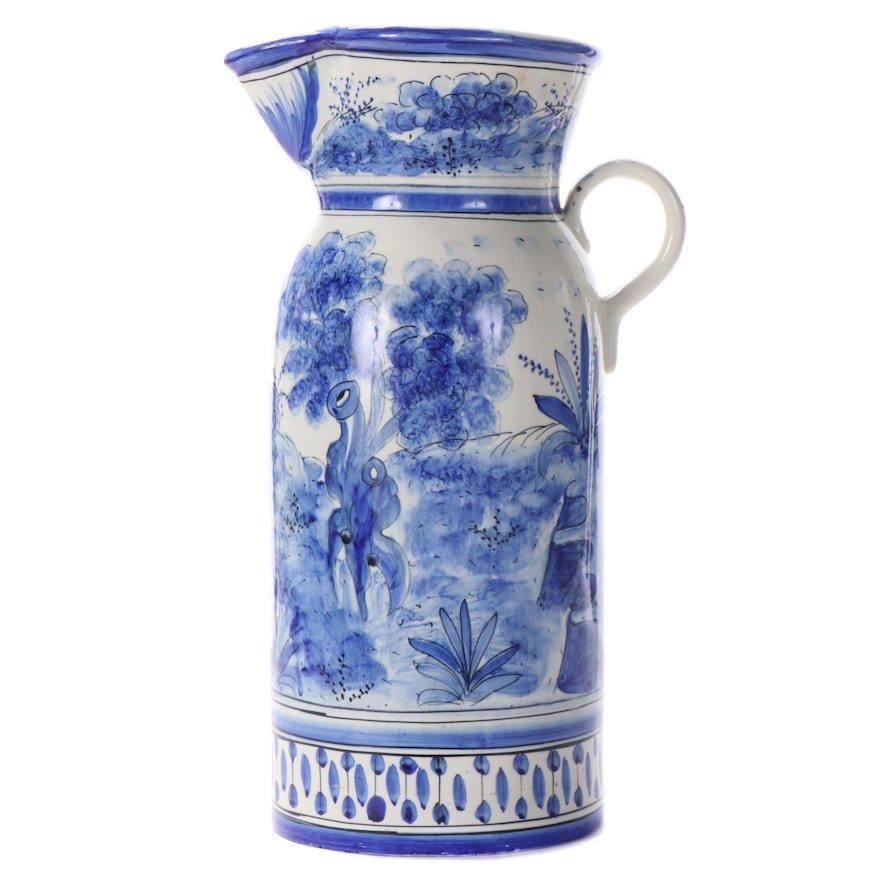 Spanish Blue and White Hand-Painted Faïence Earthenware Pitcher