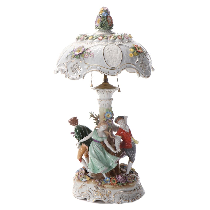 Dresden Style Porcelain Table Lamp with Lithophanes in Shade, Mid-20th C.