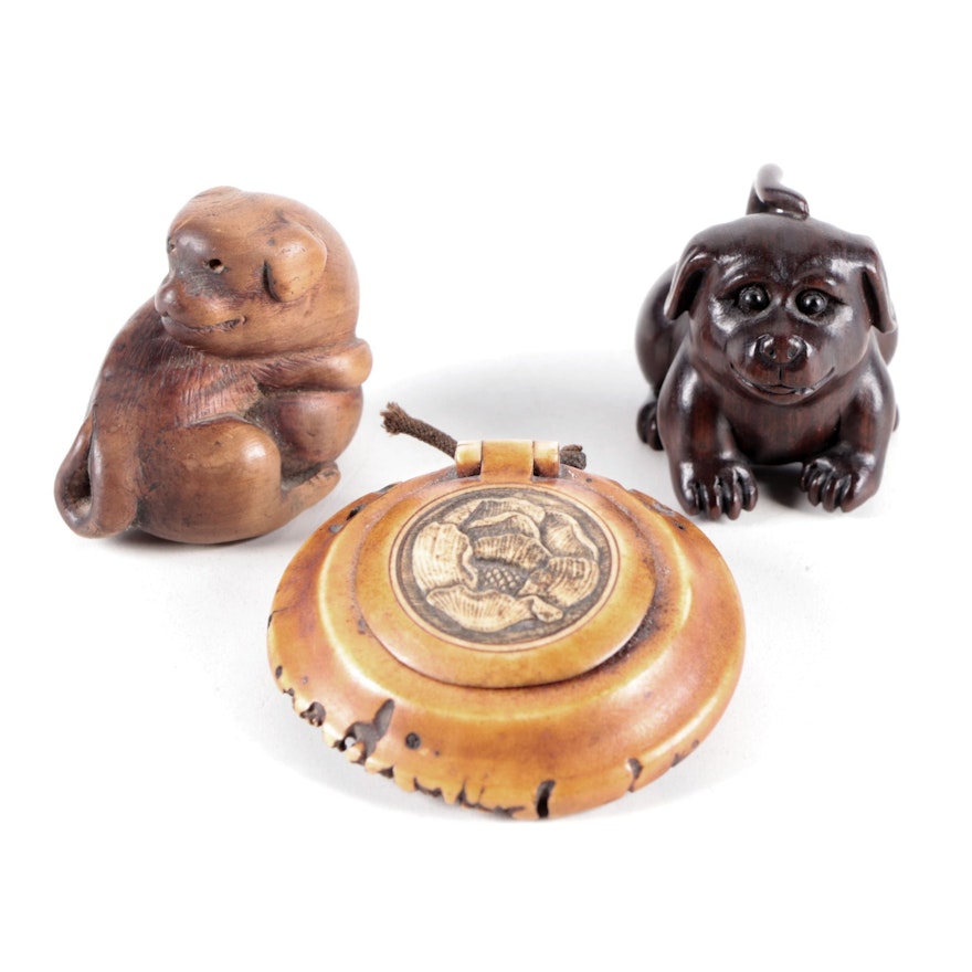 Japanese Carved Wooden Dog Netsuke and Antler Seal Paste Box