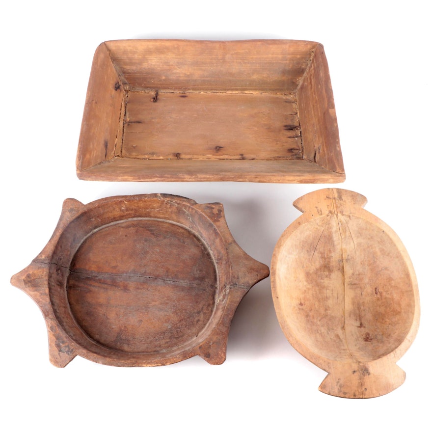 Primitive Wooden Dough Bowls and Tray, 19th Century