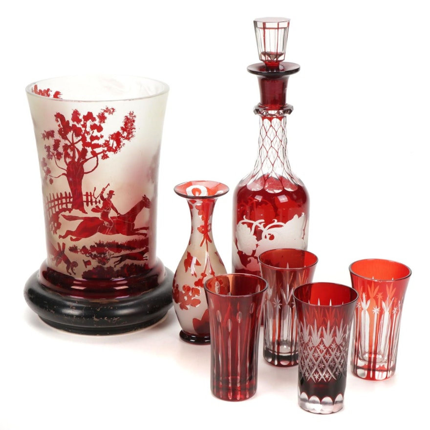 Cut-to-Clear and Flashed Ruby Glass Pictorial Drinkware and Vases, 20th Century