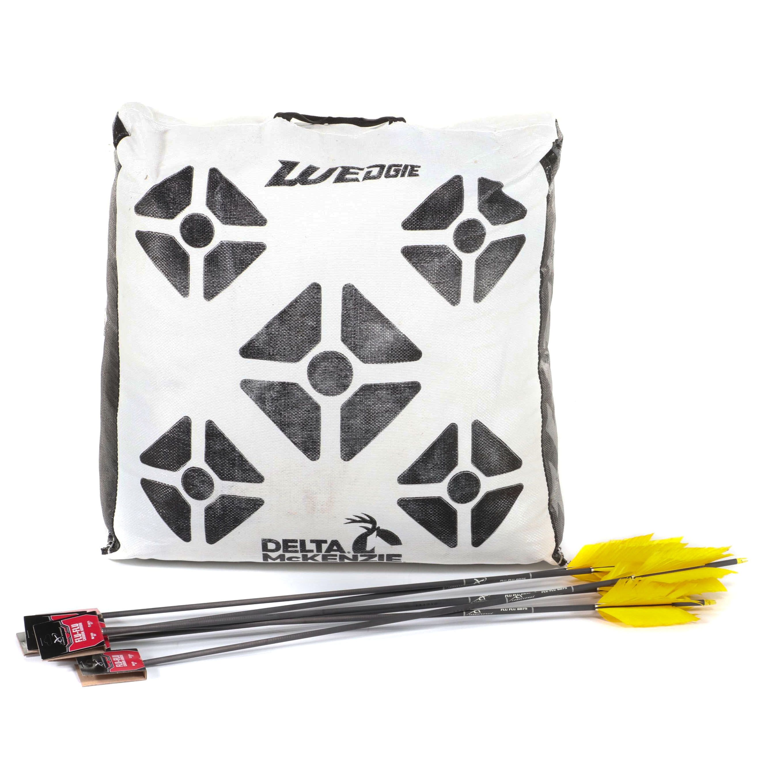 Delta McKenzie "Wedgie" Archery Target Bag & Six Carbon Express "Flu-Flu" Arrows