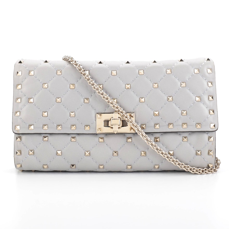 Valentino Rockstud Spike Clutch Crossbody Bag in Grey Quilted Nappa Leather
