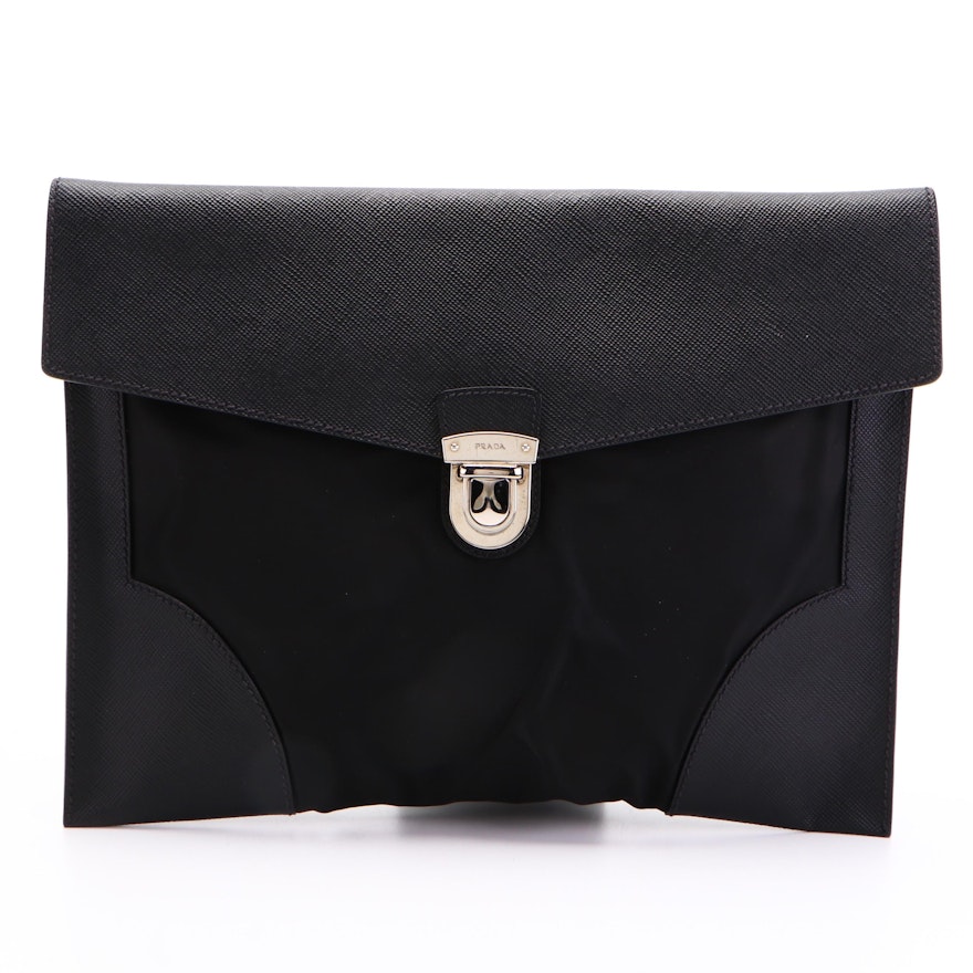 Prada Portfolio with Push Lock in Black Tessuto Nylon and Saffiano Leather