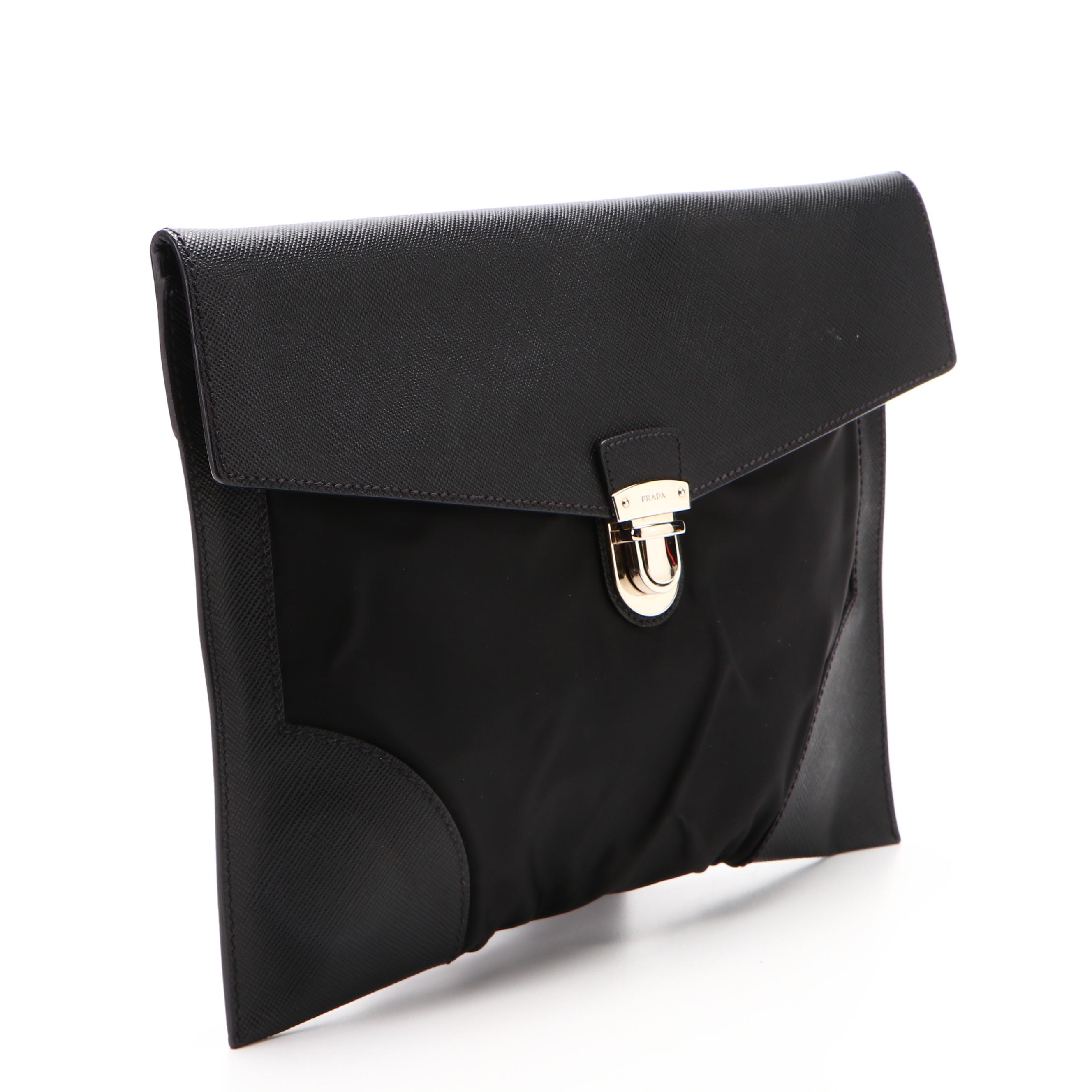 Prada Portfolio with Push Lock in Black Tessuto Nylon and Saffiano Leather