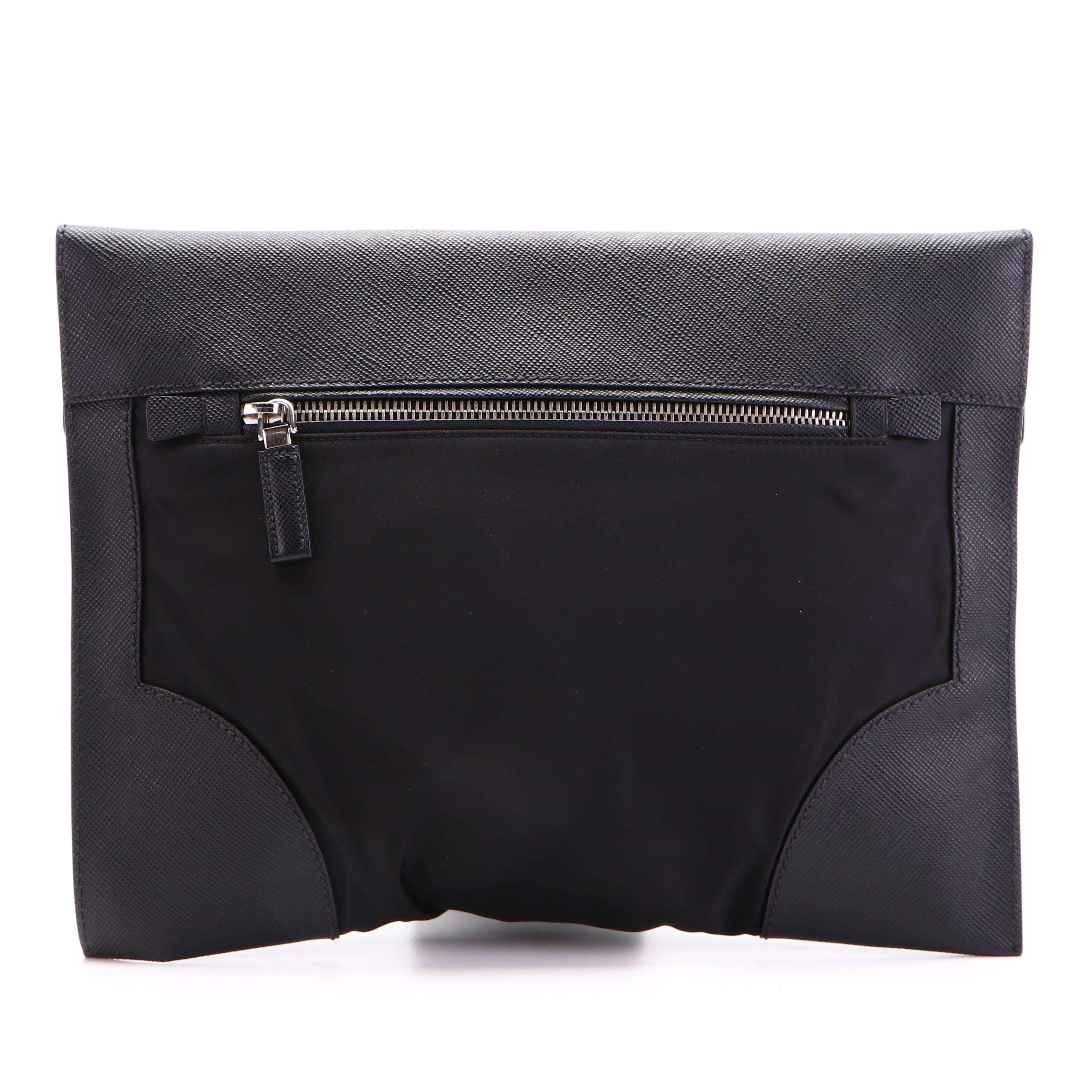 Prada Portfolio with Push Lock in Black Tessuto Nylon and Saffiano Leather