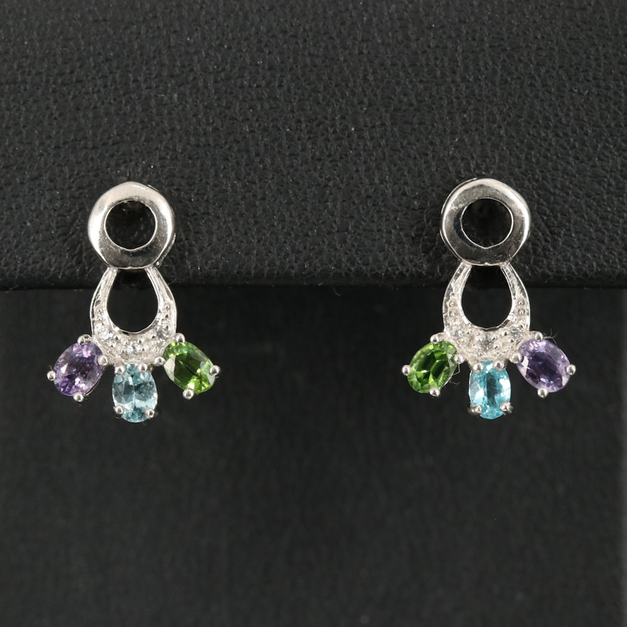 Sterling Silver Sapphire, Tourmaline, and Apatite Earrings