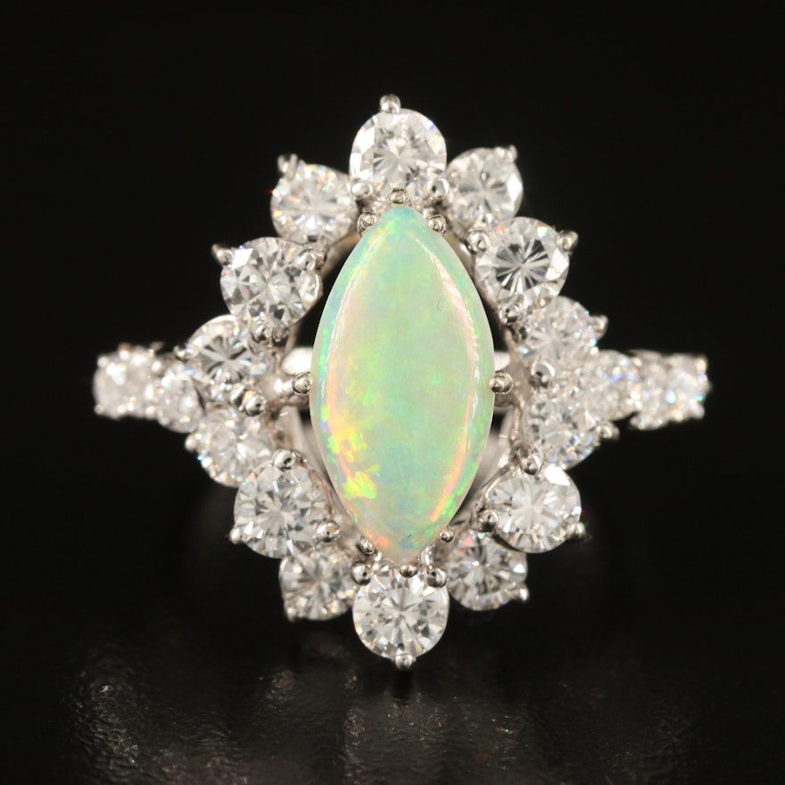 Vintage 14K Opal and 2.40 CTW Diamond Navette Ring