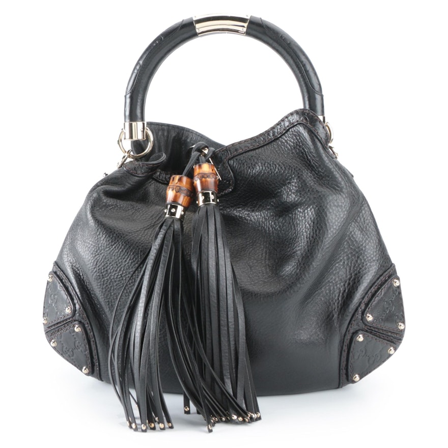 Gucci Indy Hobo Bag in Black Grained Leather with Bamboo Tassels