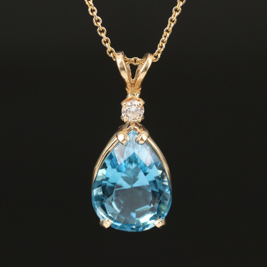 14K Swiss Blue Topaz and Diamond Pendant on Italian Chain