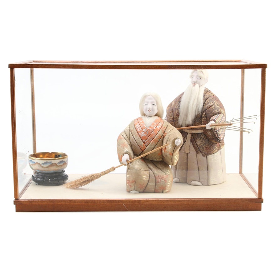 Japanese Takasago Dolls and Ceramic Bowl with Display Case