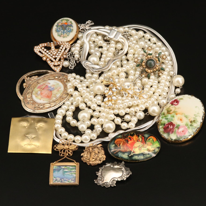 Russian Palekh Troika Brooch Featured with Other Costume Jewelry