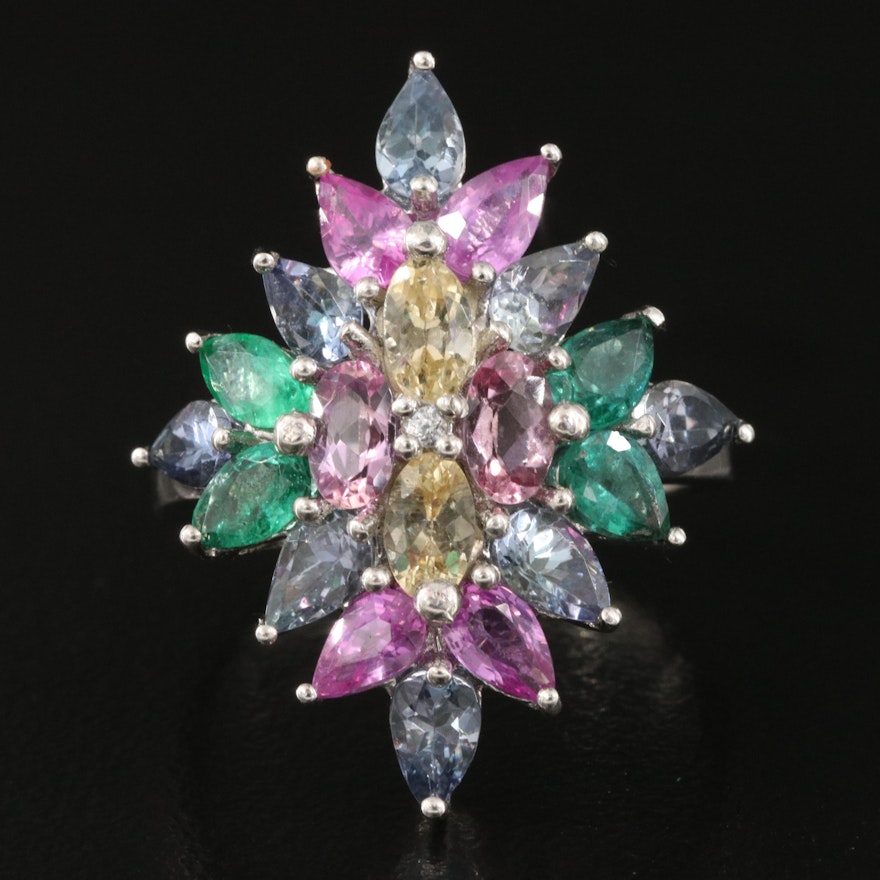 Sterling Silver Danburite, Emerald and Tanzanite Navette Cluster Ring