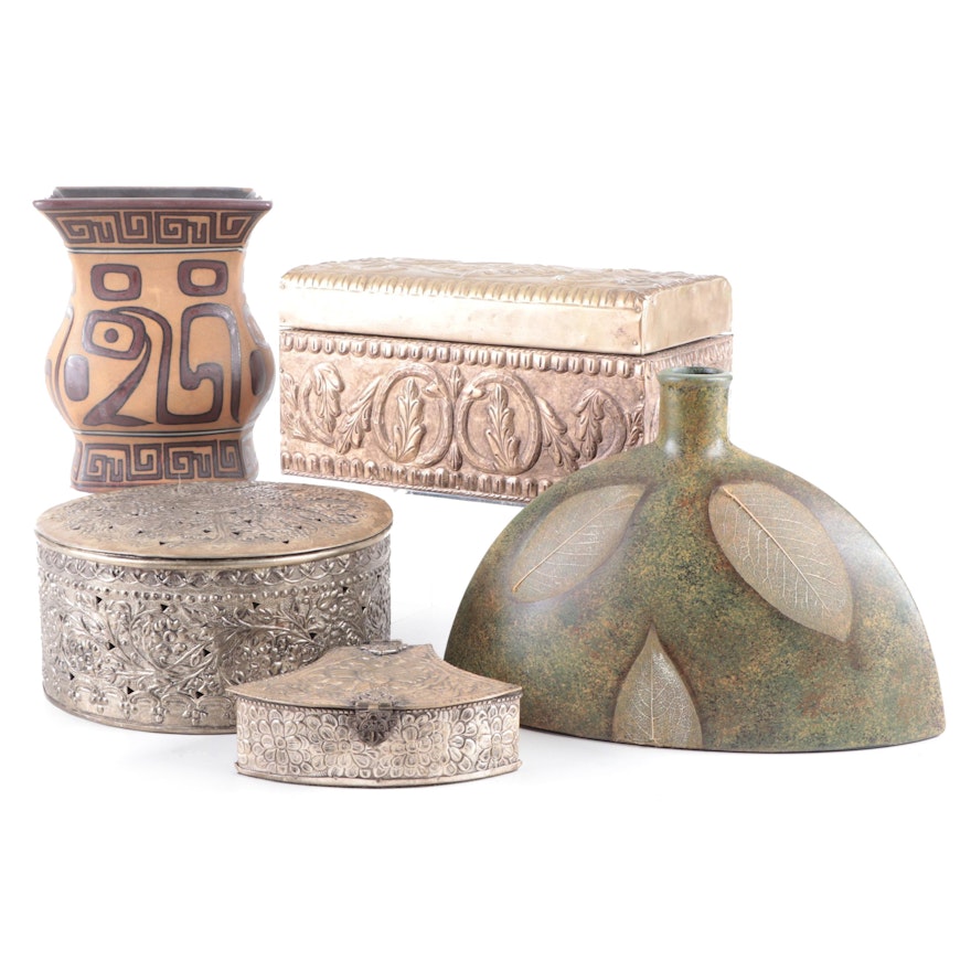 Contemporary Repoussé Metal Boxes, Ceramic Vases, and Napkin Rings