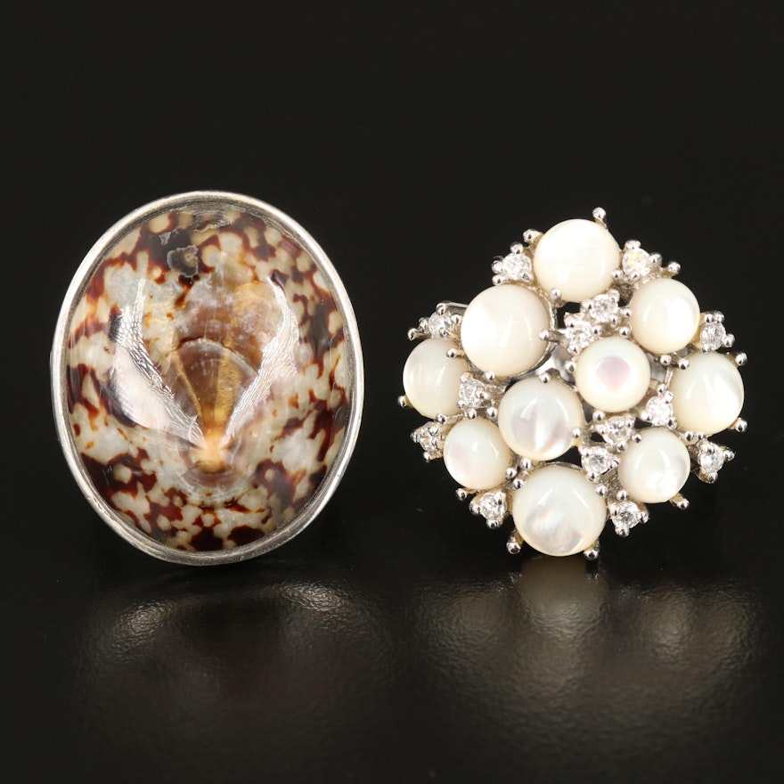 Sterling Rings Including Barse Shell Ring, Mother of Pearl and Cubic Zirconia