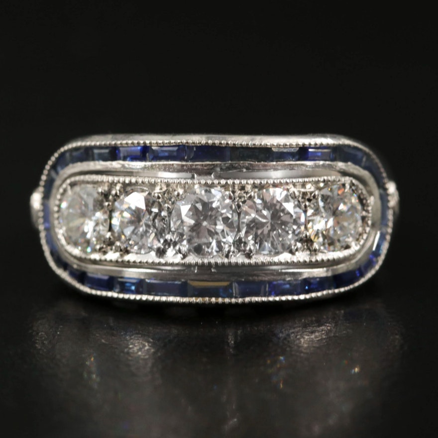 Art Deco Style Platinum 1.05 CTW Diamond and Sapphire Ring