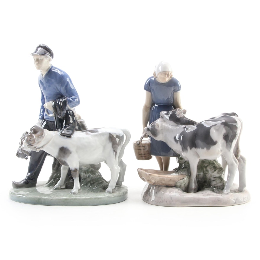 Royal Copenhagen "Boy and Girl with Calf" Porcelain Figurines