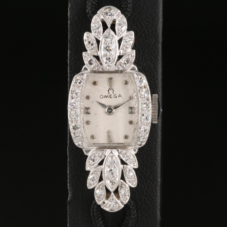 Vintage Omega Stem Wind Diamond and Platinum Wristwatch
