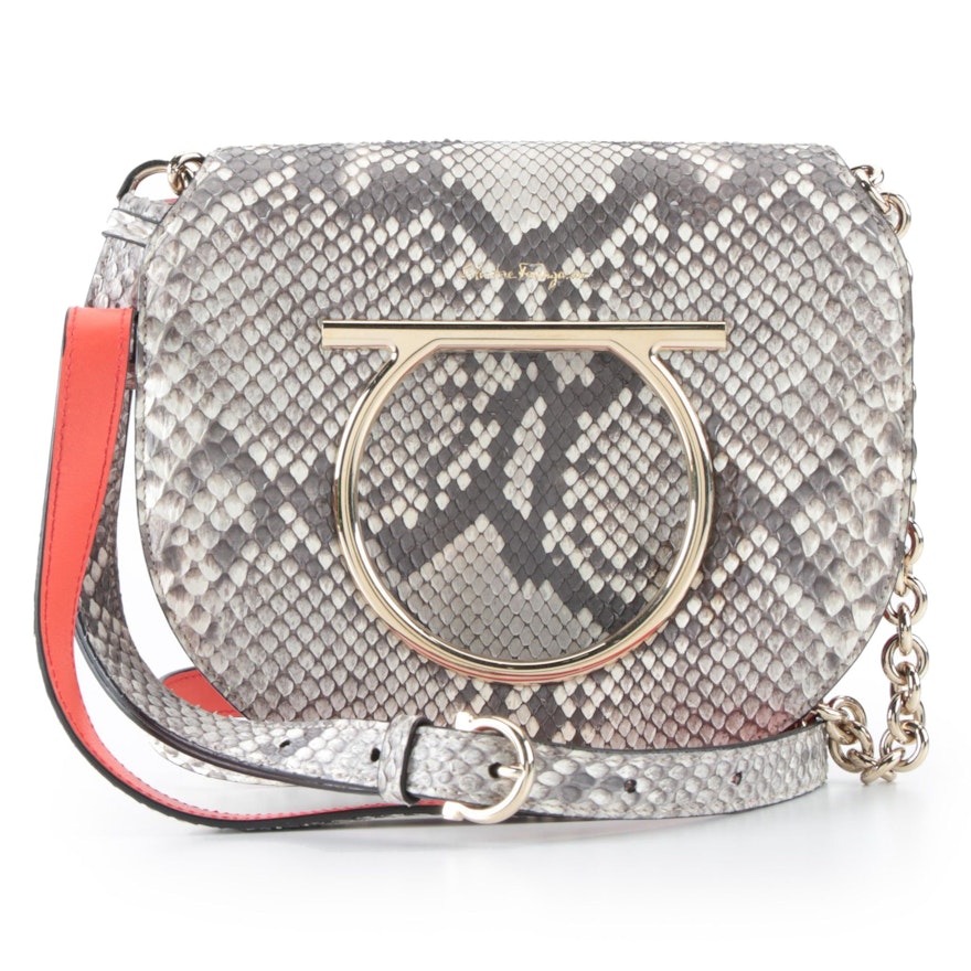 Salvatore Ferragamo Python Skin Gancini Vela Flap Medium Crossbody Bag