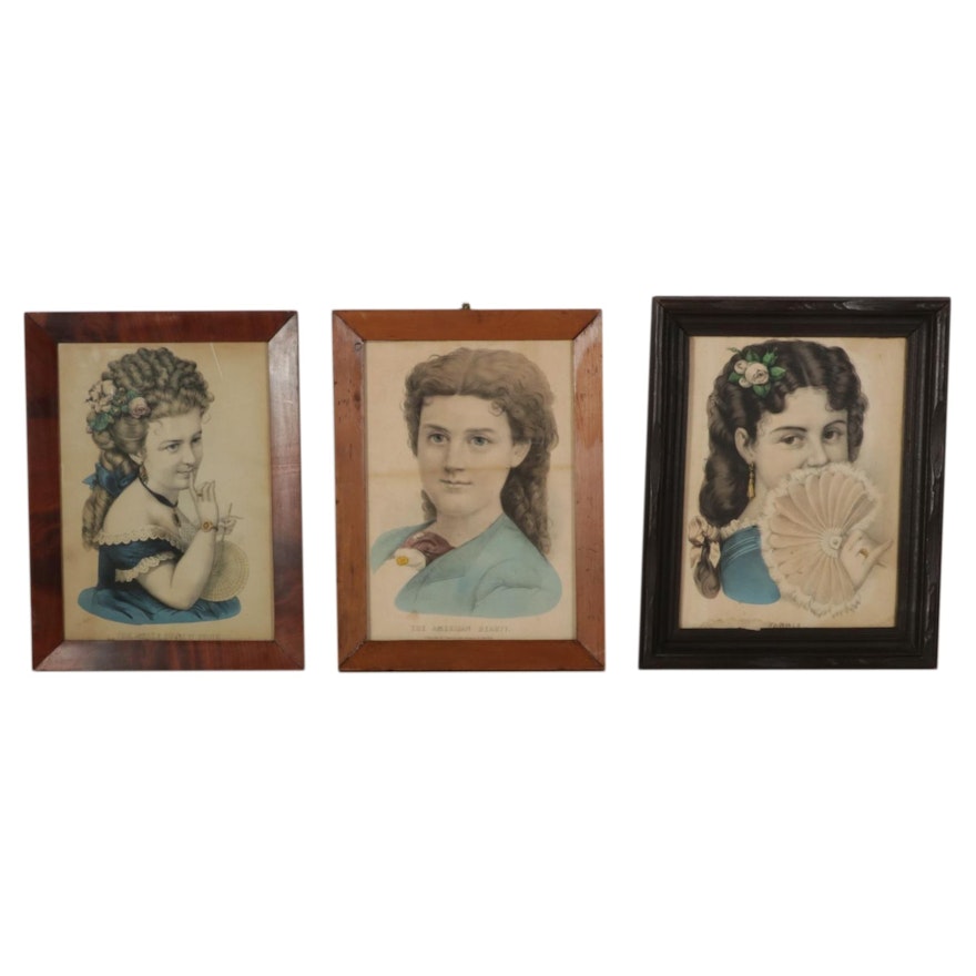 Currier & Ives Hand-Colored Female Portrait Lithographs, Mid-Late 19th Century