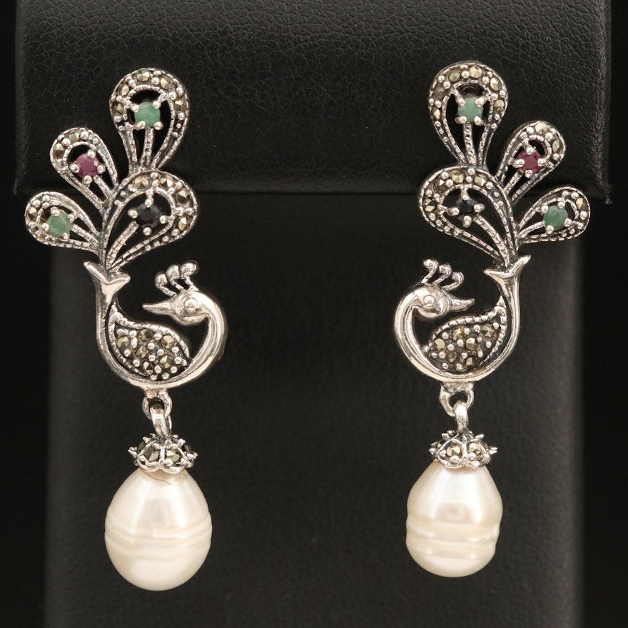 Sterling Peacock Earrings Including Pearl, Emerald and Ruby