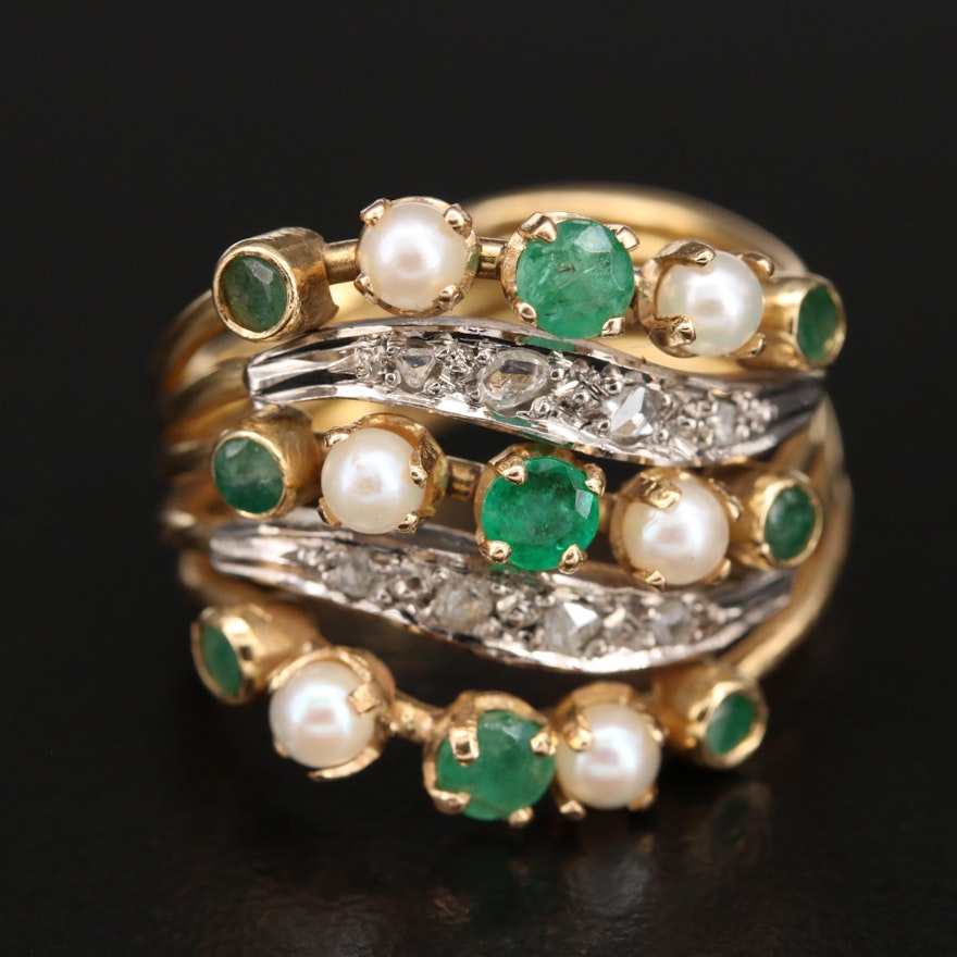 18K Emerald, Pearl and Diamond Openwork Ring