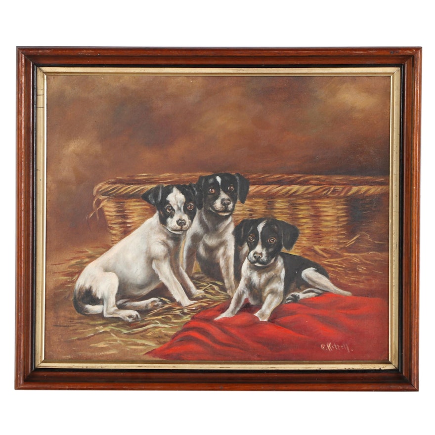 G. Kittell Oil Painting of Terrier Puppies, Mid-20th Century