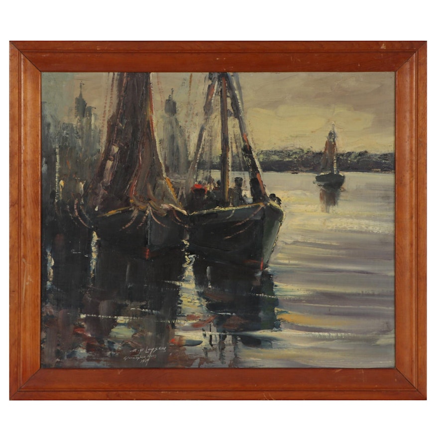 Arthur P. Loysen Gloucester Harbor Scene Oil Painting, 1947