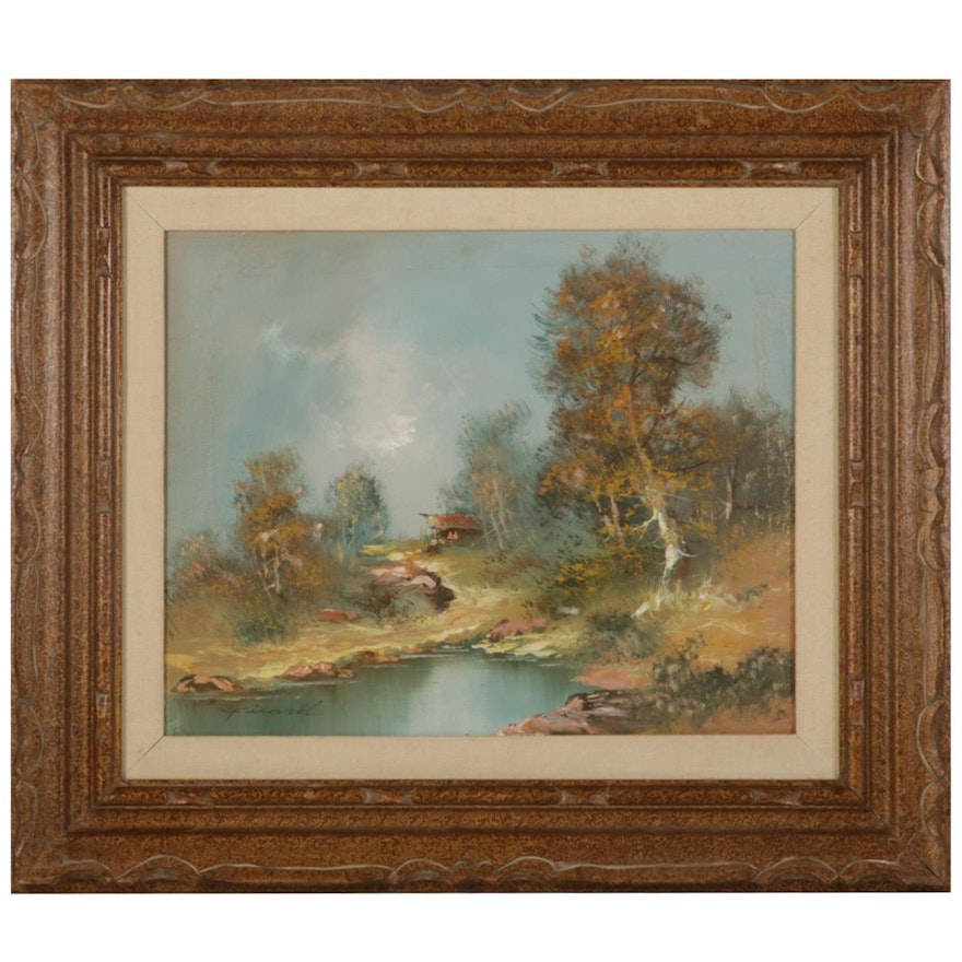 Country Pond With Distant Cabin Oil Painting, Mid-Late 20th Century