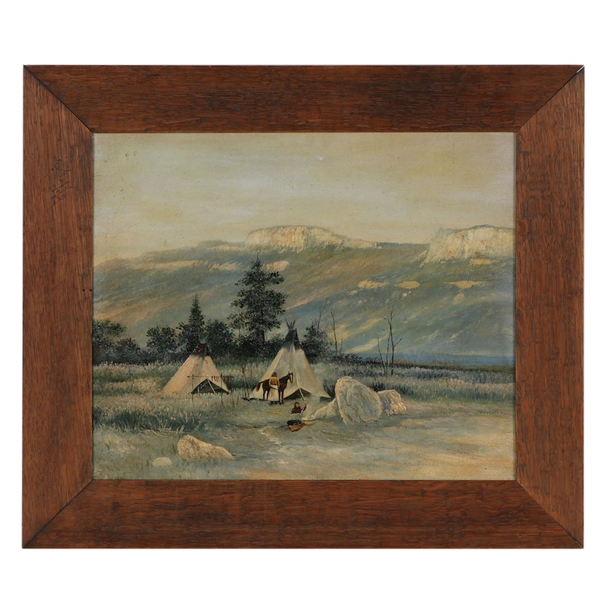 Oil Painting of Native American Camp in Mountain Landscape, Mid-20th Century