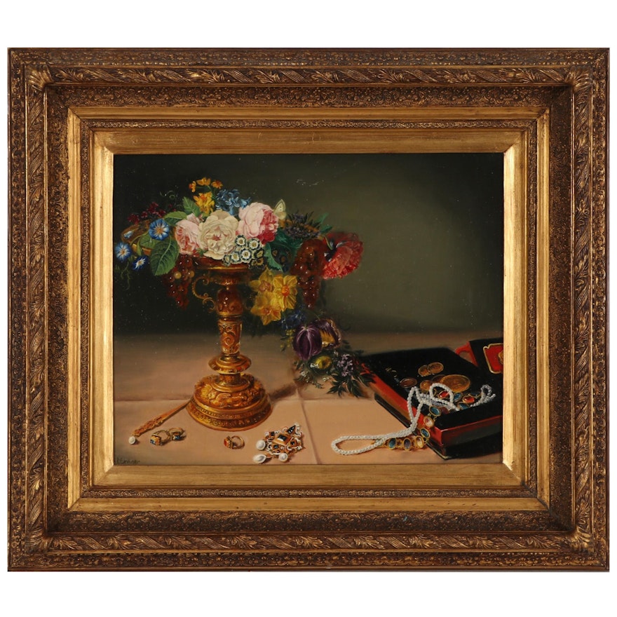 Still Life Oil Painting of Flower Arrangement, Early-Mid 20th Century