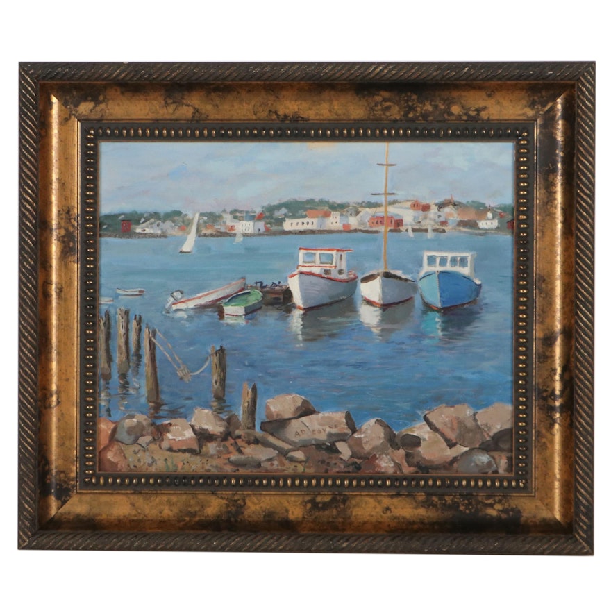 Nautical Oil Painting of Harbor Scene, 21st Century