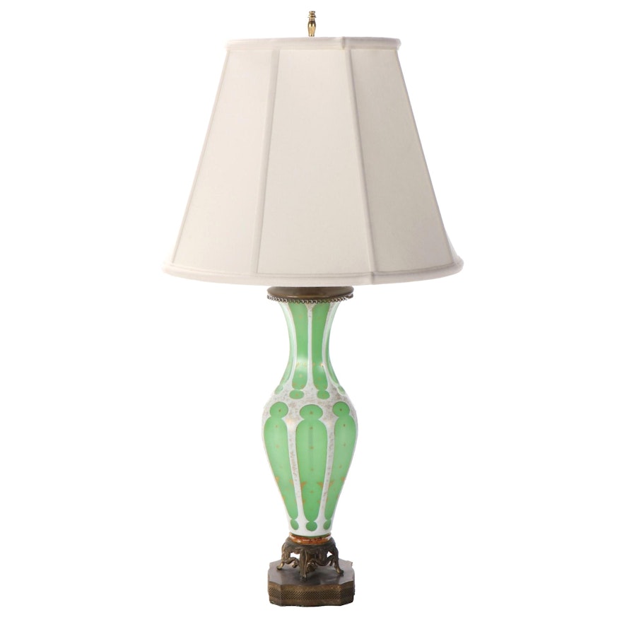 Continental European White Cased and Cut to Opaque Green Glass Lamp