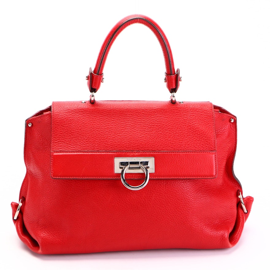 Salvatore Ferragamo Sofia Satchel in Red Pebbled Leather with Gancini Hardware