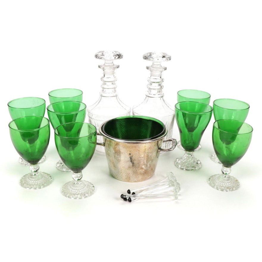 Glass and Silver Plate Barware Including Ice Bucket and More, Mid-20th Century