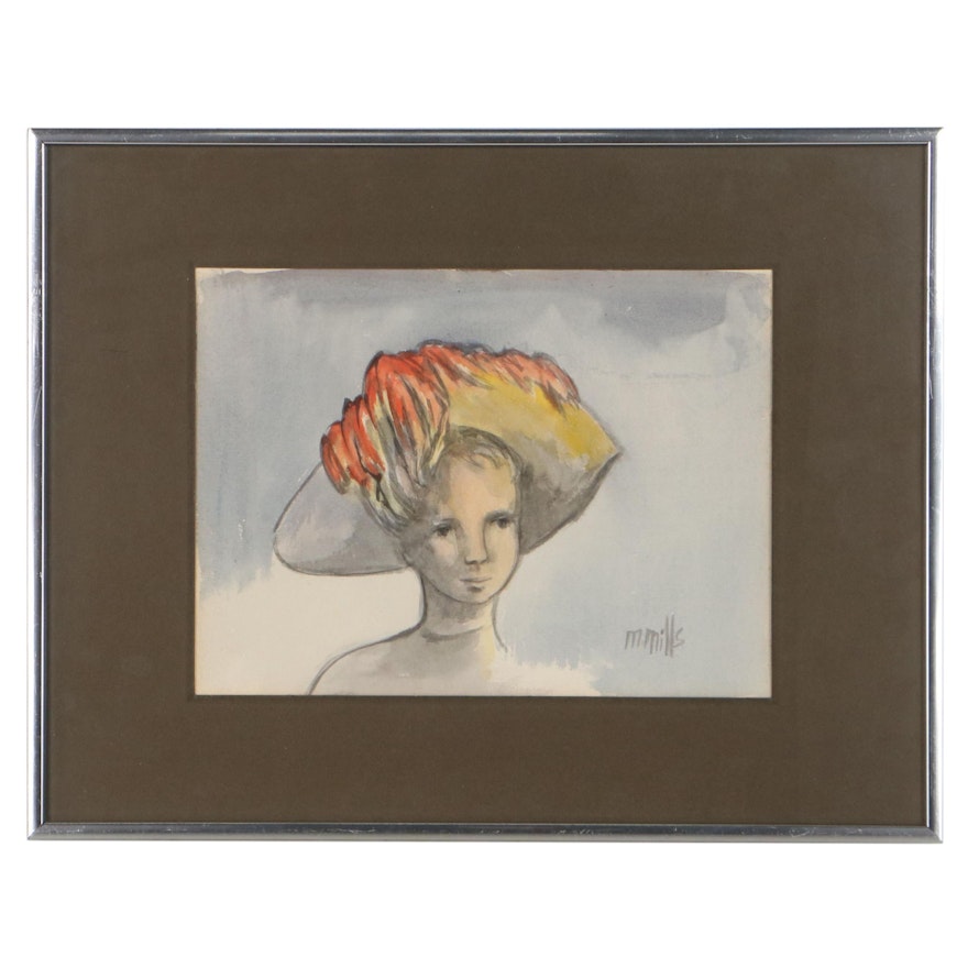 Marge Mills Portrait Watercolor Painting, Late 20th Century