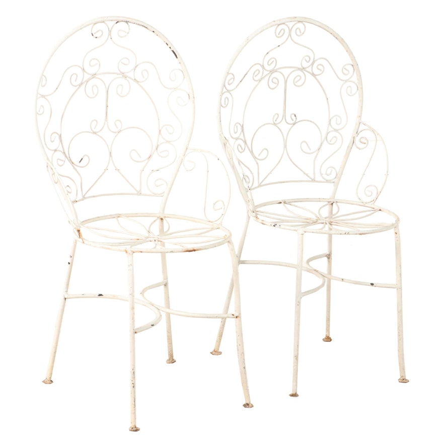 Pair of White-Painted Iron Patio Side Chairs, Mid to Late 20th Century