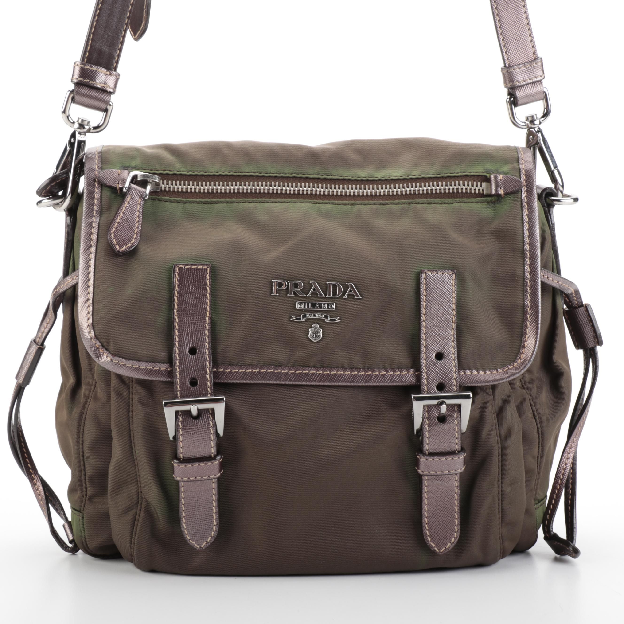 Prada Flap Front Shoulder Bag in Tessuto Nylon and Saffiano Leather