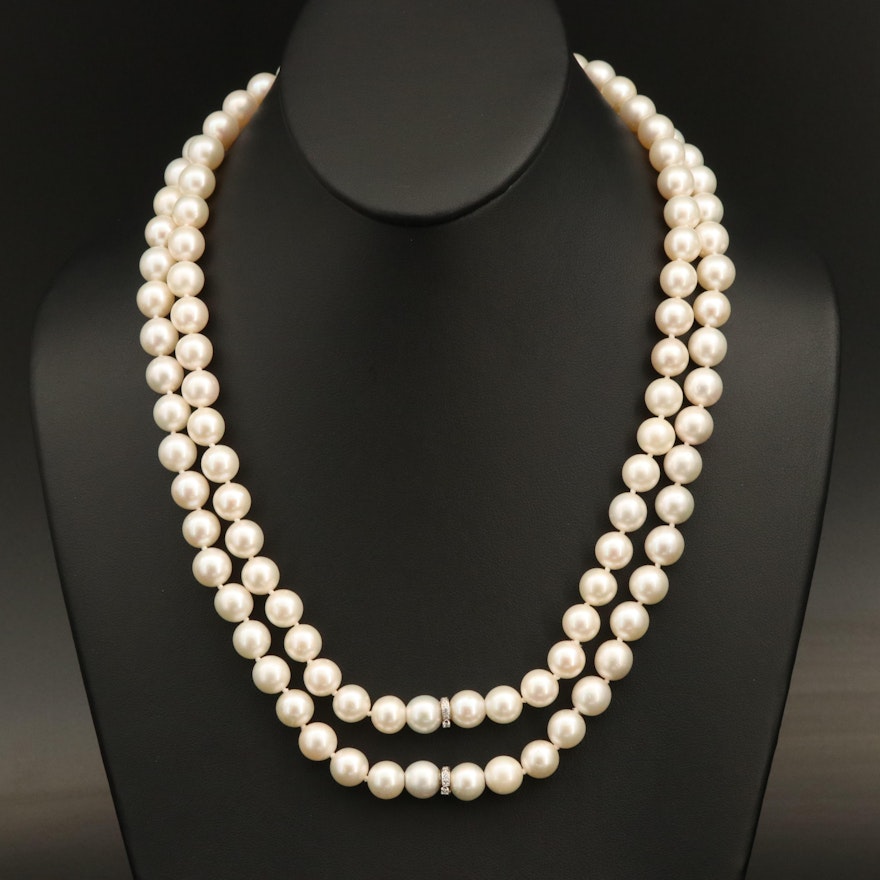 Pearl Opera Length Endless Necklace with Platinum Diamond Accents