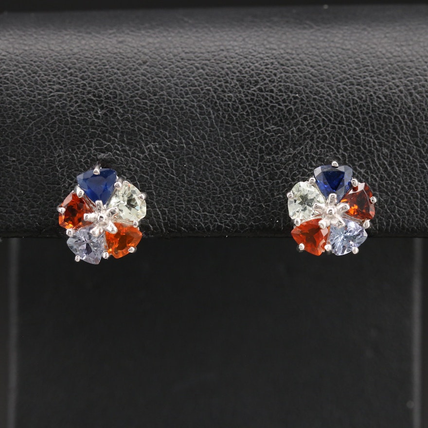 Sapphire, Opal and Tanzanite Flower Earrings