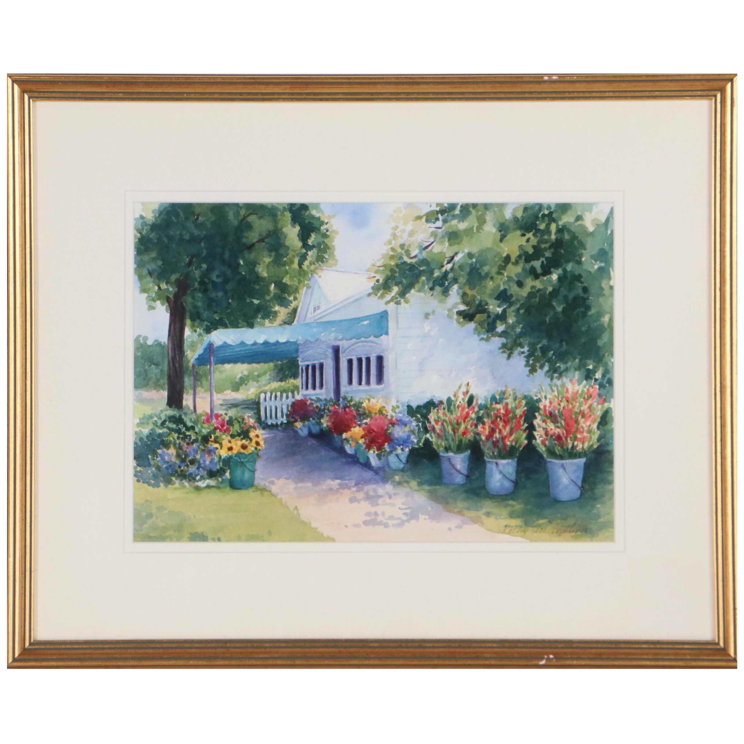 Kathy Tice Phillips Landscape Watercolor Painting of Flower Shop
