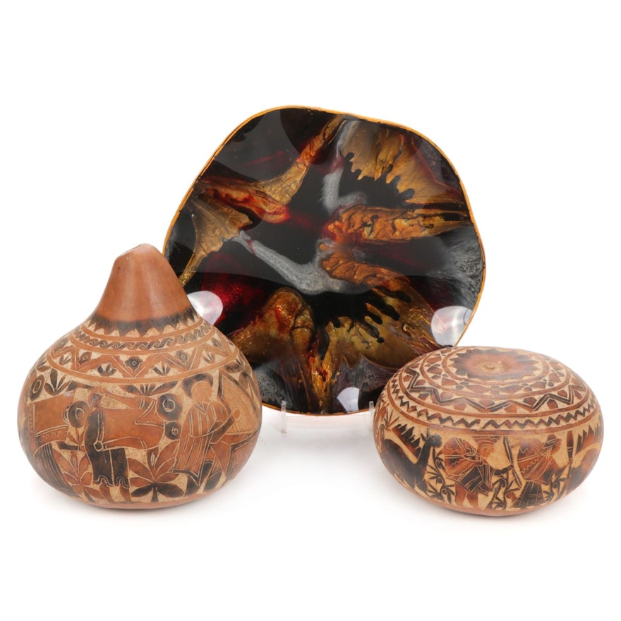 Hand Carved Gourds with Hand-Painted Abstract Glass Platter