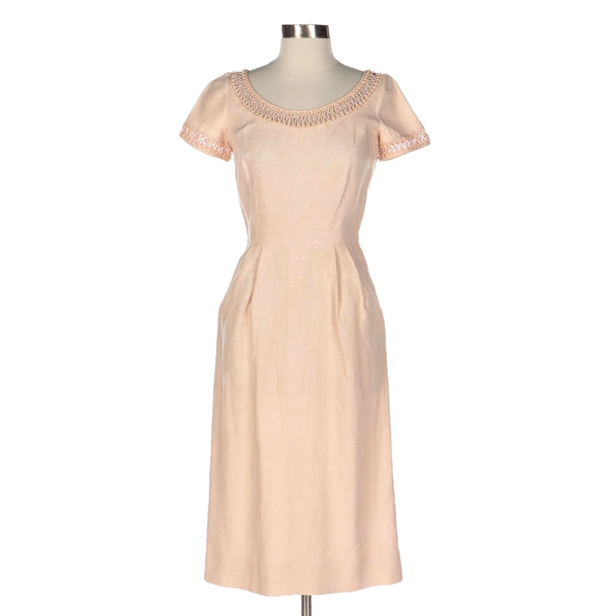 Bullocks Wilshire Short Sleeve Linen Dress with Pearlized Beaded Trim
