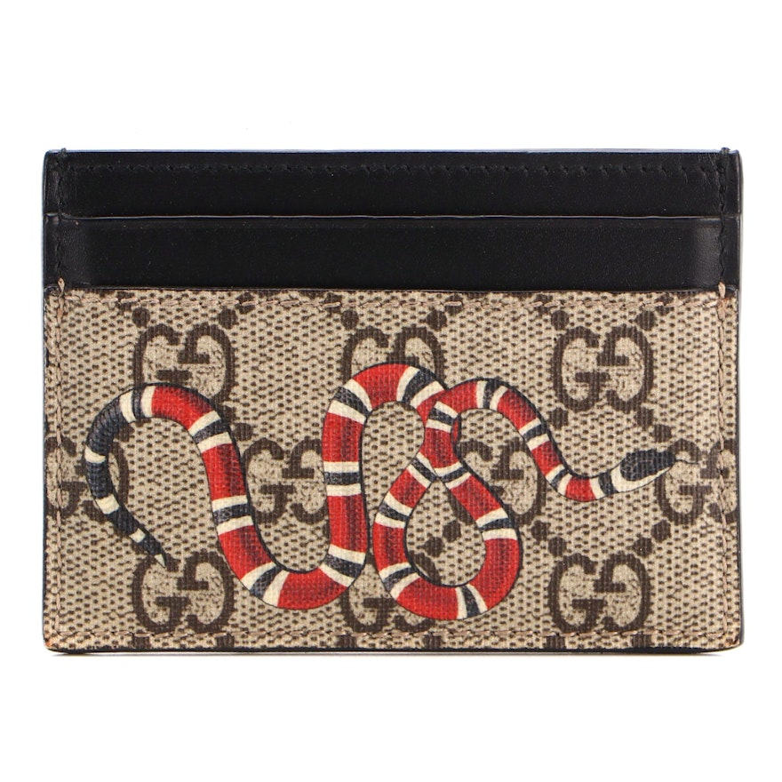 Gucci Card Case in Kingsnake Print GG Supreme Coated Canvas and Black Leather