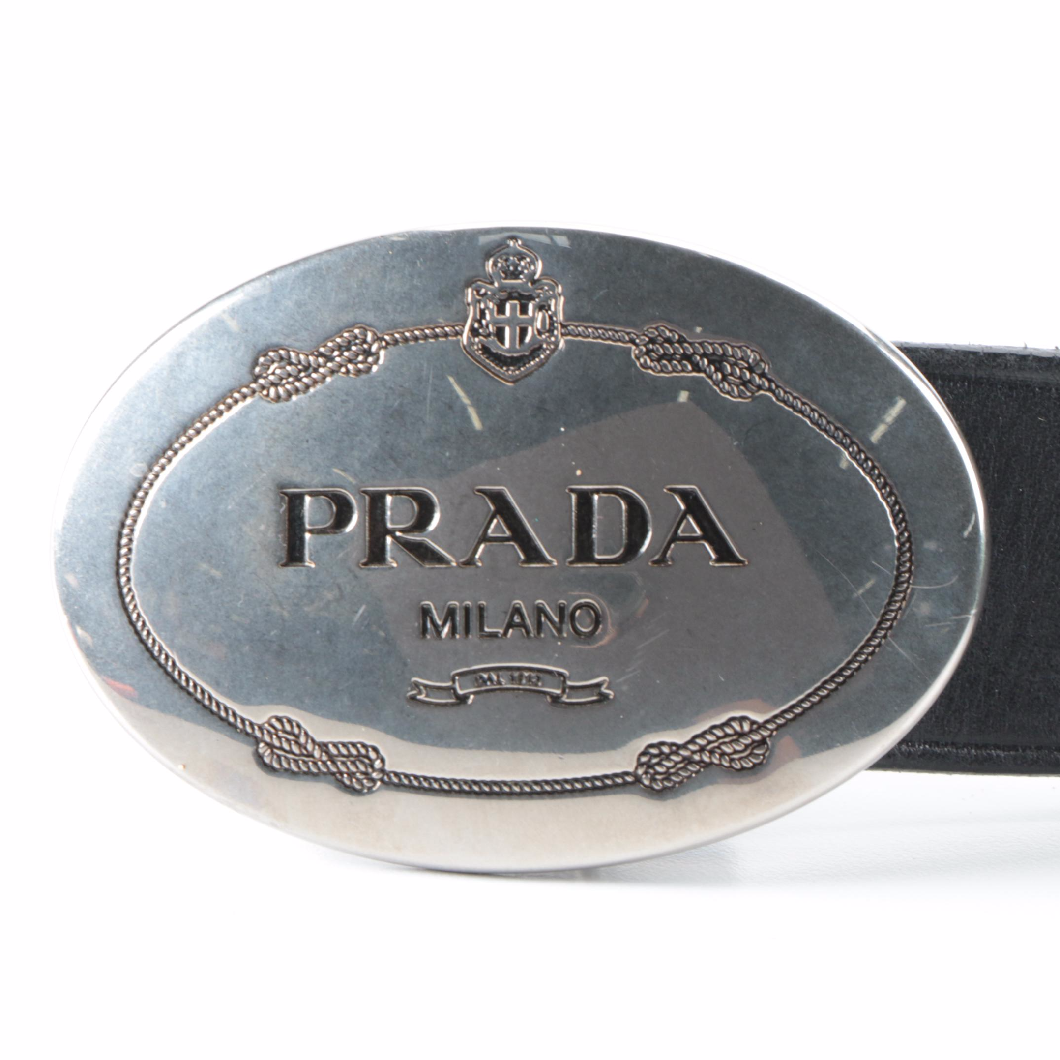 Prada Engraved Logo Buckle Leather Belt