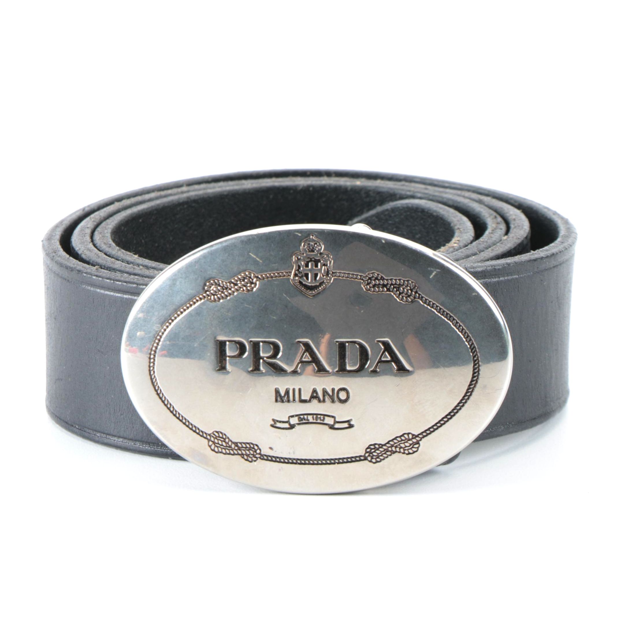 Prada Engraved Logo Buckle Leather Belt